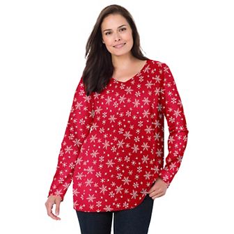 Woman Within Plus Size Perfect Printed Long-Sleeve V-Neck Tee