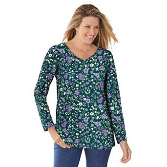 Woman Within Plus Size Perfect Printed Long-Sleeve V-Neck Tee
