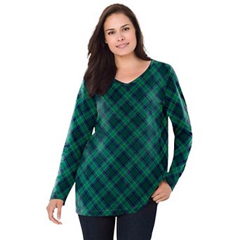 Woman Within Plus Size Perfect Printed Long-Sleeve V-Neck Tee