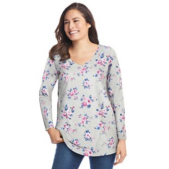 Woman Within Plus Size Perfect Printed Long-Sleeve V-Neck Tee