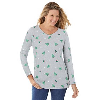 Woman Within Plus Size Perfect Printed Long-Sleeve V-Neck Tee