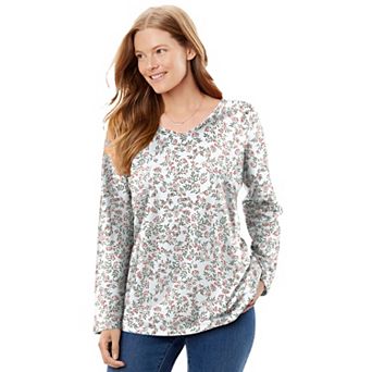 Woman Within Plus Size Perfect Printed Long-Sleeve V-Neck Tee