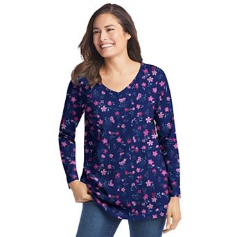 Woman Within Plus Size Perfect Printed Long-Sleeve V-Neck Tee