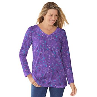 Woman Within Plus Size Perfect Printed Long-Sleeve V-Neck Tee