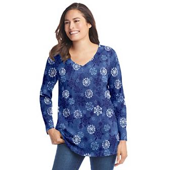 Woman Within Plus Size Perfect Printed Long-Sleeve V-Neck Tee