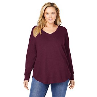 Woman Within Plus Size Waffle Thermal V-Neck Tee