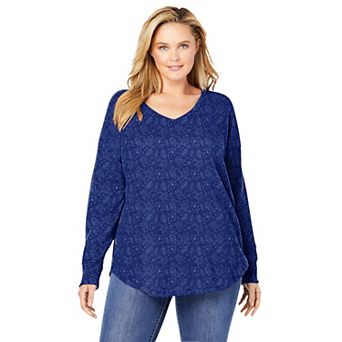 Woman Within Plus Size Waffle Thermal V-Neck Tee