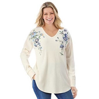 Woman Within Plus Size Waffle Thermal V-Neck Tee