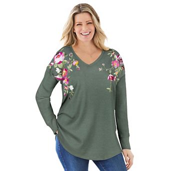 Woman Within Plus Size Waffle Thermal V-Neck Tee