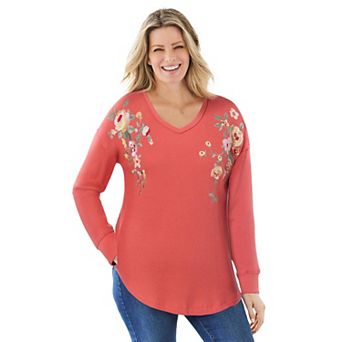 Woman Within Plus Size Waffle Thermal V-Neck Tee