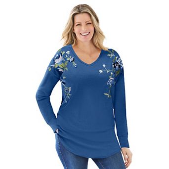 Woman Within Plus Size Waffle Thermal V-Neck Tee