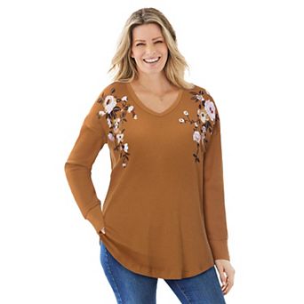 Woman Within Plus Size Waffle Thermal V-Neck Tee