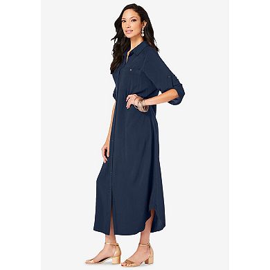 Roaman's Women's Plus Size Collared Button Front Dress