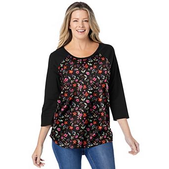 Woman Within Plus Size Three-Quarter Sleeve Baseball Tee