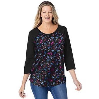 Woman Within Plus Size Three-Quarter Sleeve Baseball Tee