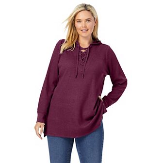 Woman Within Plus Size Waffle-Thermal Lace-Up Hoodie