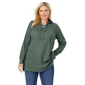 Woman Within Plus Size Waffle-Thermal Lace-Up Hoodie