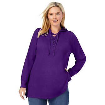 Woman Within Plus Size Waffle-Thermal Lace-Up Hoodie