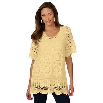 Roaman's Women's Plus Size Plus Size Medallion Pattern French Crochet Sweater Top