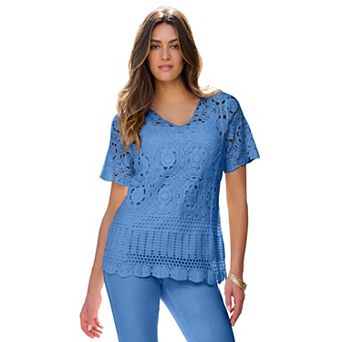 Roaman's Women's Plus Size Medallion Pattern French Crochet Sweater Top