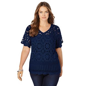 Roaman's Women's Plus Size Plus Size Medallion Pattern French Crochet Sweater Top