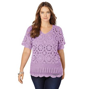Roaman's Women's Plus Size Plus Size Medallion Pattern French Crochet Sweater Top