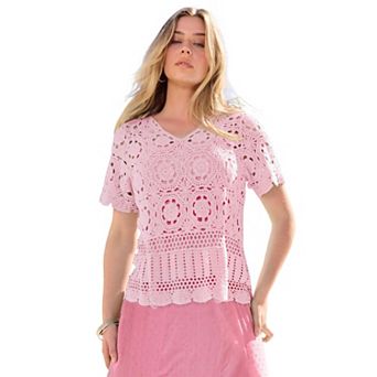 Roaman's Women's Plus Size Plus Size Medallion Pattern French Crochet Sweater Top