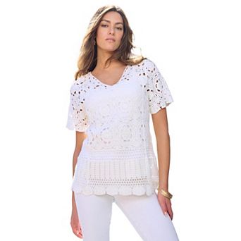 Roaman's Women's Plus Size Plus Size Medallion Pattern French Crochet Sweater Top
