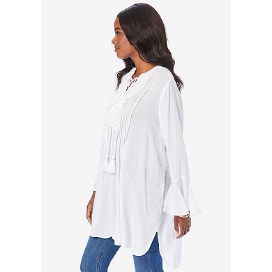 Roaman's Women's Plus Size Hand Crinkled Ruffle Pintuck Tunic