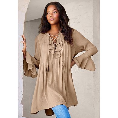 Roaman's Women's Plus Size Hand Crinkled Ruffle Pintuck Tunic