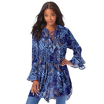 Roaman's Women's Plus Size Hand Crinkled Ruffle Pintuck Tunic