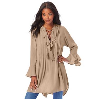 Roaman's Women's Plus Size Ruffle Pintuck Crinkle Tunic