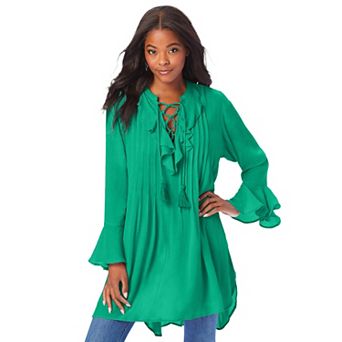 Roaman's Women's Plus Size Hand Crinkled Ruffle Pintuck Tunic
