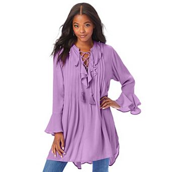 Roaman's Women's Plus Size Hand Crinkled Ruffle Pintuck Tunic