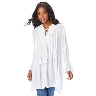 Roaman's Women's Plus Size Hand Crinkled Ruffle Pintuck Tunic