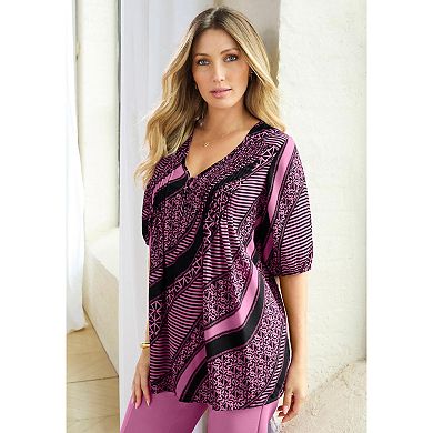 Roaman's Women's Plus Size Printed Y-Neck Georgette Top