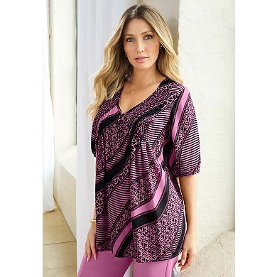 Roaman's Women's Plus Size Printed Y-Neck Georgette Top