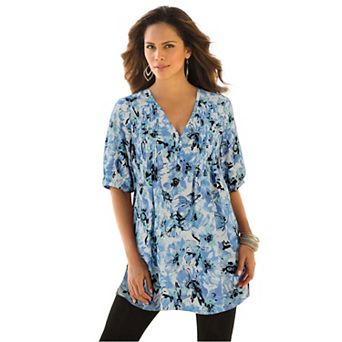Roaman's Women's Plus Size Printed Y-Neck Georgette Top