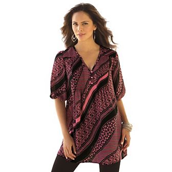 Roaman's Women's Plus Size Printed Y-neck Georgette Top