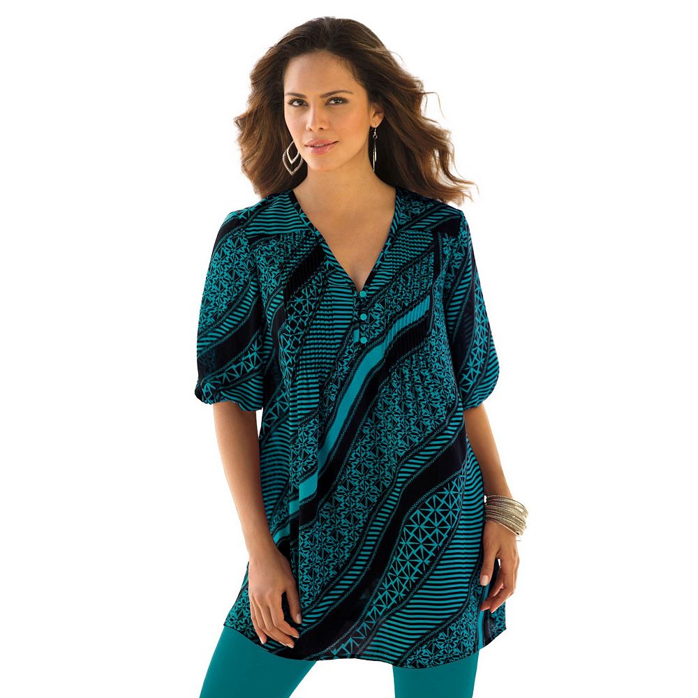 Roaman's Women's Plus Size Printed Y-Neck Georgette Top