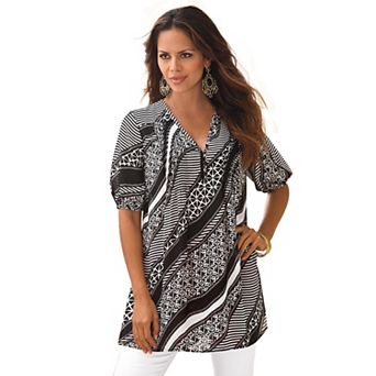 Roaman's Women's Plus Size Printed Y-neck Georgette Top