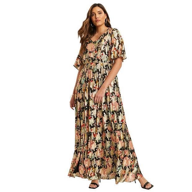 June + Vie Plus Size June + Vie Metallic Printed Maxi Dress - Black Textured Wallflower