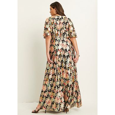 June + Vie Women's Plus Size Metallic Printed Maxi Dress