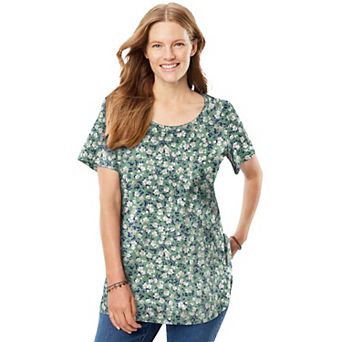 Woman Within Plus Size Perfect Printed Short-Sleeve Scoopneck Tee
