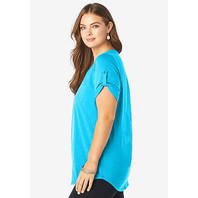 Roaman's Women's Plus Size Slub V-Neck Boyfriend Tunic Top