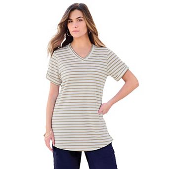 Roaman's Women's Plus Size Slub V-Neck Boyfriend Tunic Top