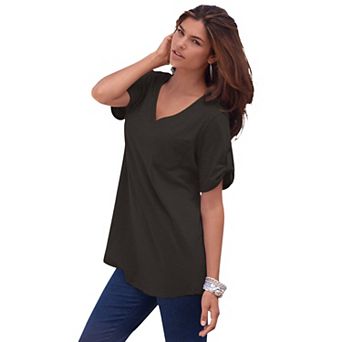 Roaman's Women's Plus Size Plus Size Slub V-Neck Boyfriend Tunic Top