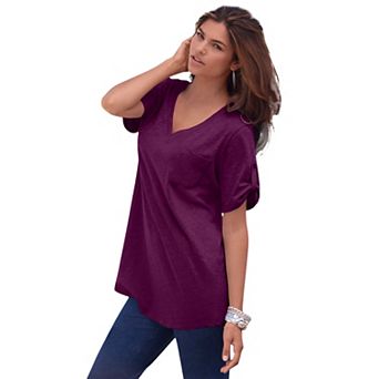 Roaman's Women's Plus Size Plus Size Slub V-Neck Boyfriend Tunic Top