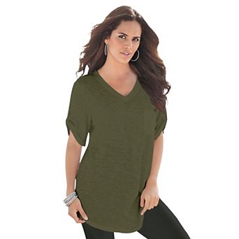 Roaman's Women's Plus Size Plus Size Slub V-Neck Boyfriend Tunic Top