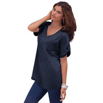 Roaman's Women's Plus Size Plus Size Slub V-Neck Boyfriend Tunic Top